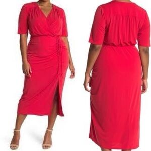 New London Times Nordstrom Sexy Red Rouched V Neck Slit midi dress plus 20